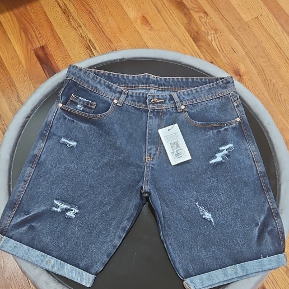 Blue Jean Shorts with Distressed Cuffed Hem - Picture 1 of 4